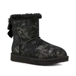 New UGG Mini Bailey Bow Glimmer Fur Lined Comfort Warm Boot Black Size 11